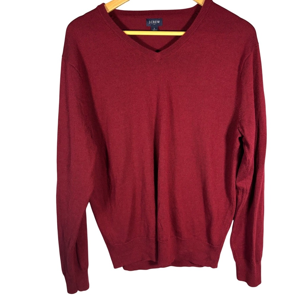 J Crew Mens Burgundy‎ V Neck Long Sleeve Sweater L Acrylic Merino Wool Blend